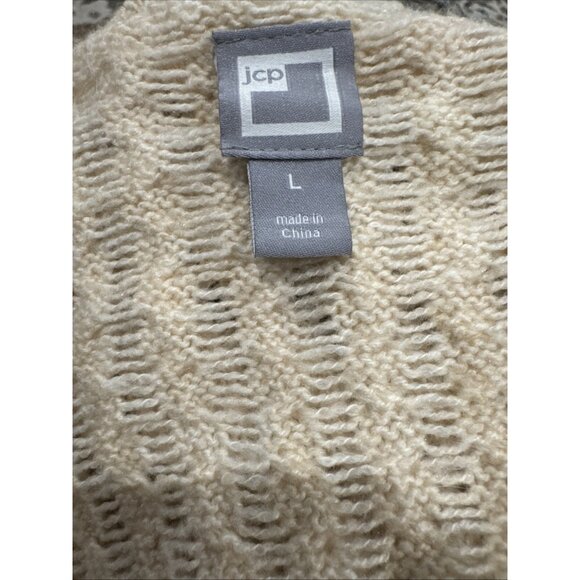JCP Ivory Open-Knit Round Neck Long Sleeve Women's Sweater Size L - Picture 5 of 8